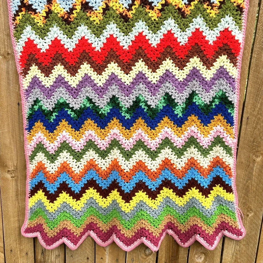 Vintage Crochet Zig Zag Afghan Blanket Throw Colorful Chevron Pattern 63